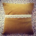 Vintage Mustard And Navy Blue Lace Heart Cushion