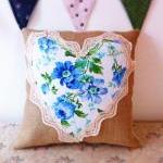 Bright Blue Floral Heart Cushion With Lace Detail