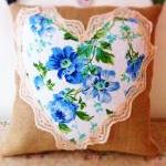 Bright Blue Floral Heart Cushion With Lace Detail