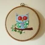 Hand Stitched Embroidery Hoop Owl Wall Hanging
