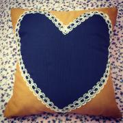 Vintage Mustard and navy blue lace heart cushion