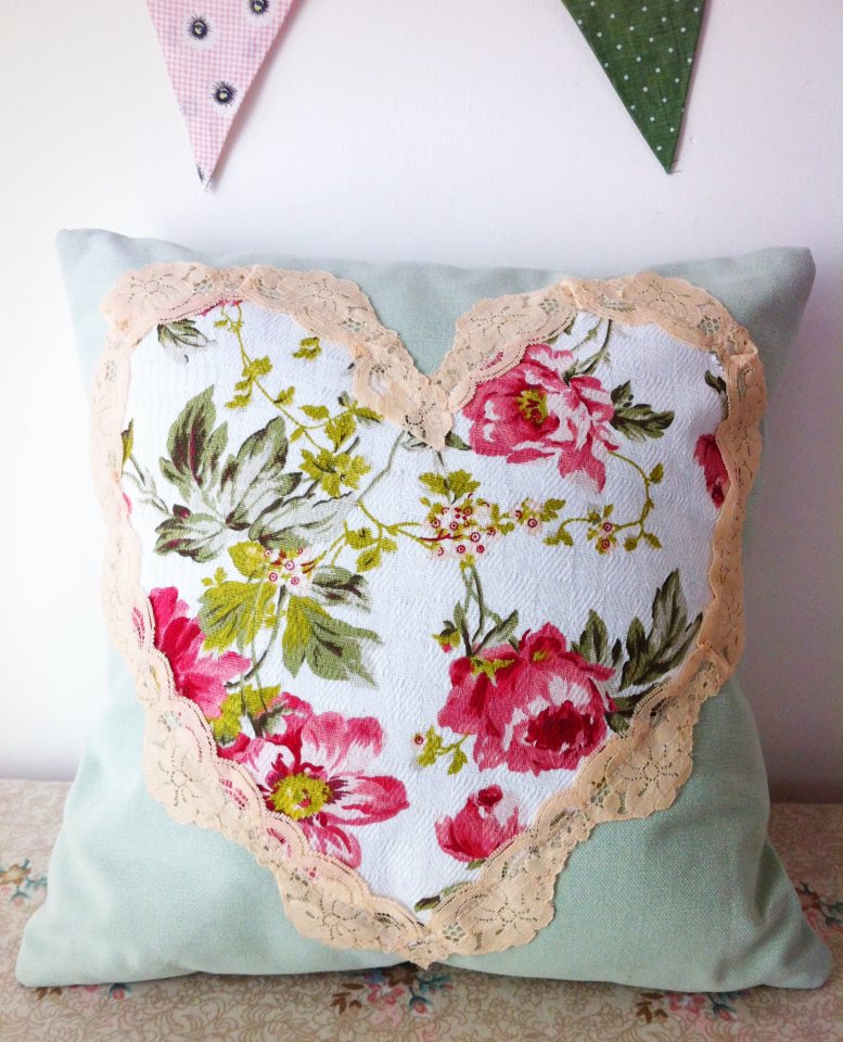 Sage Green And Pink Floral Cushion With Vintage Lace Trim.