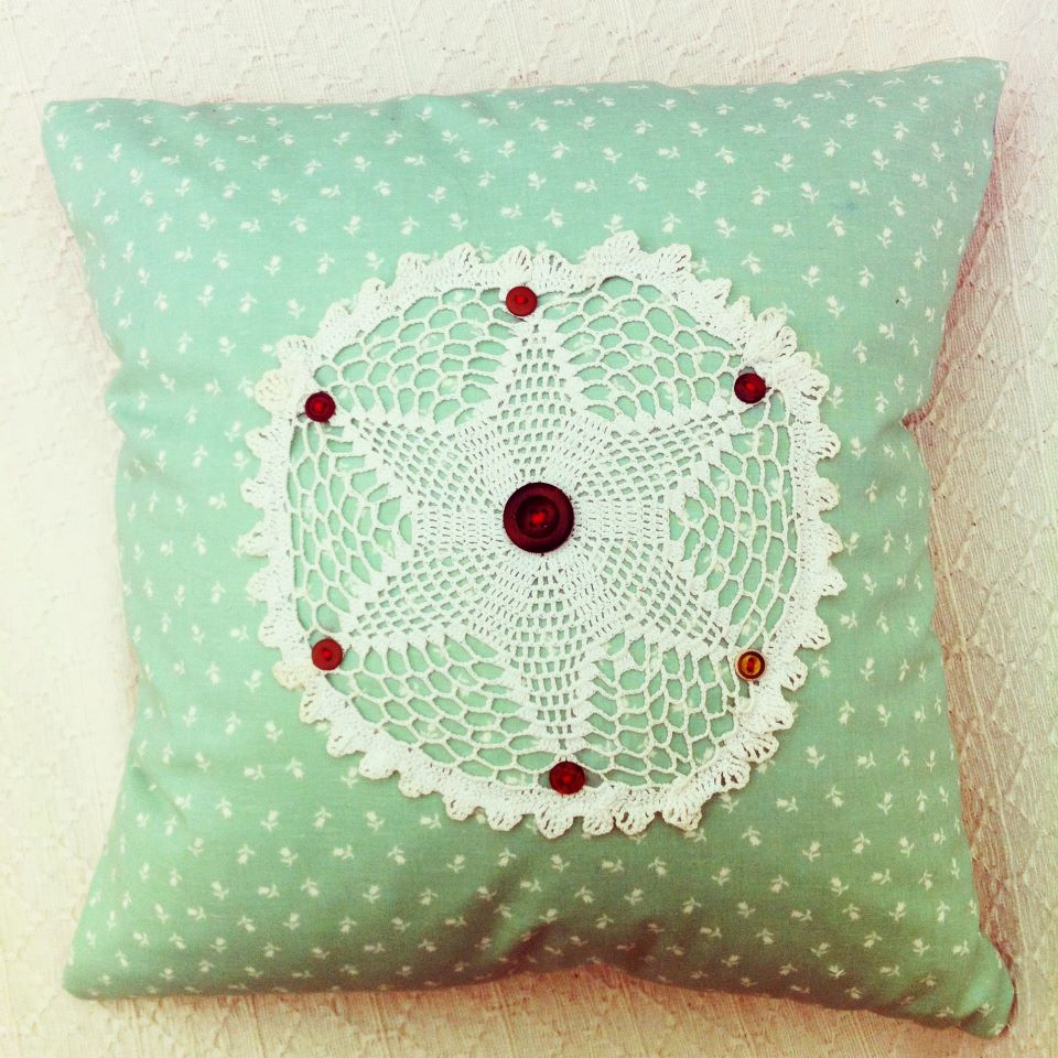 Vintage Doily Green Floral Handmade Cushion With Button Details.