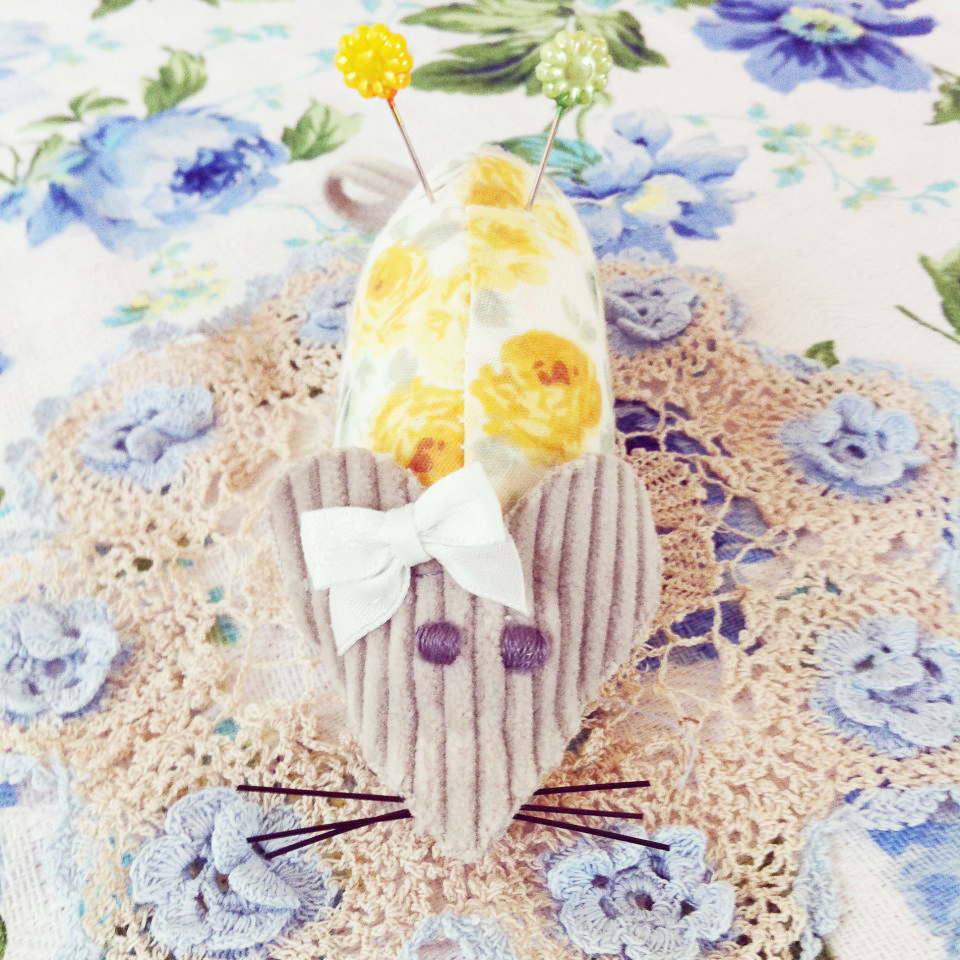 Sweet Handmade Floral Yellow And Cream Mouse Pincushion With White Bow.