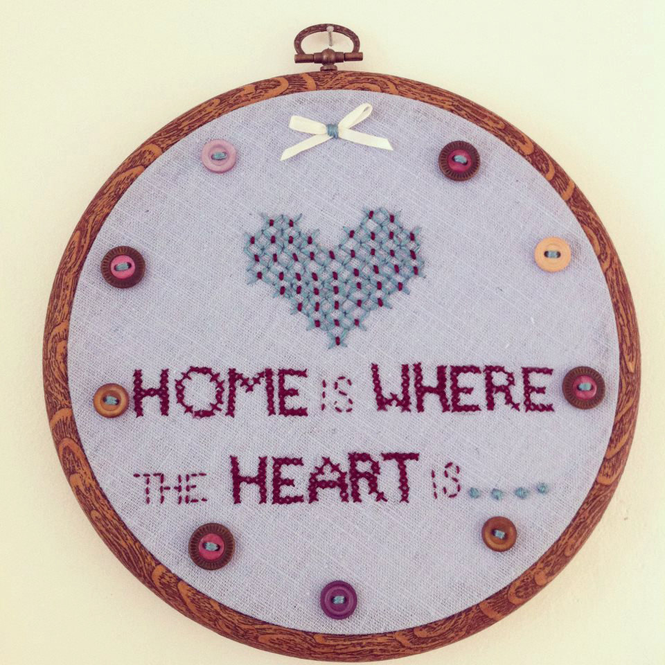 Embroidery Hoop, Hand Stitched, Home Is Where The Heart Is Wall Hanging.