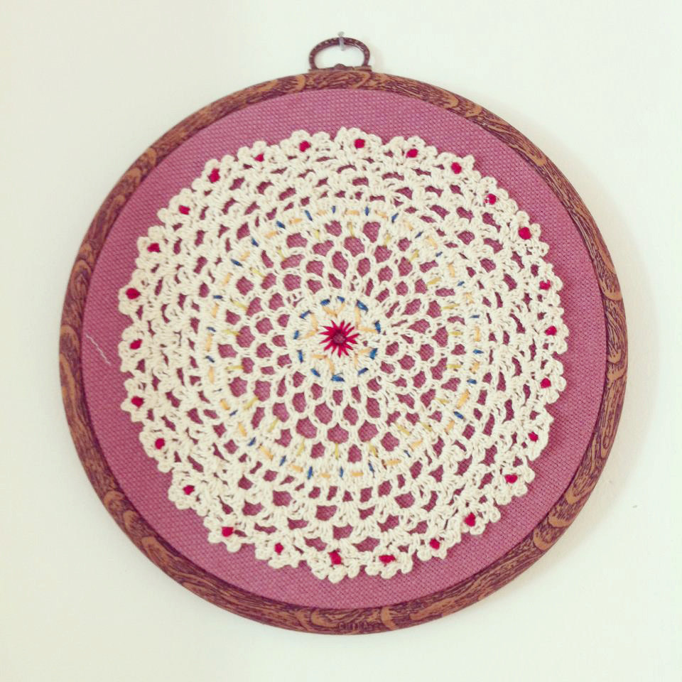 Vintage Doily Wall Hanging, Hand Stitched And Mounted In Embroidery Hoop.