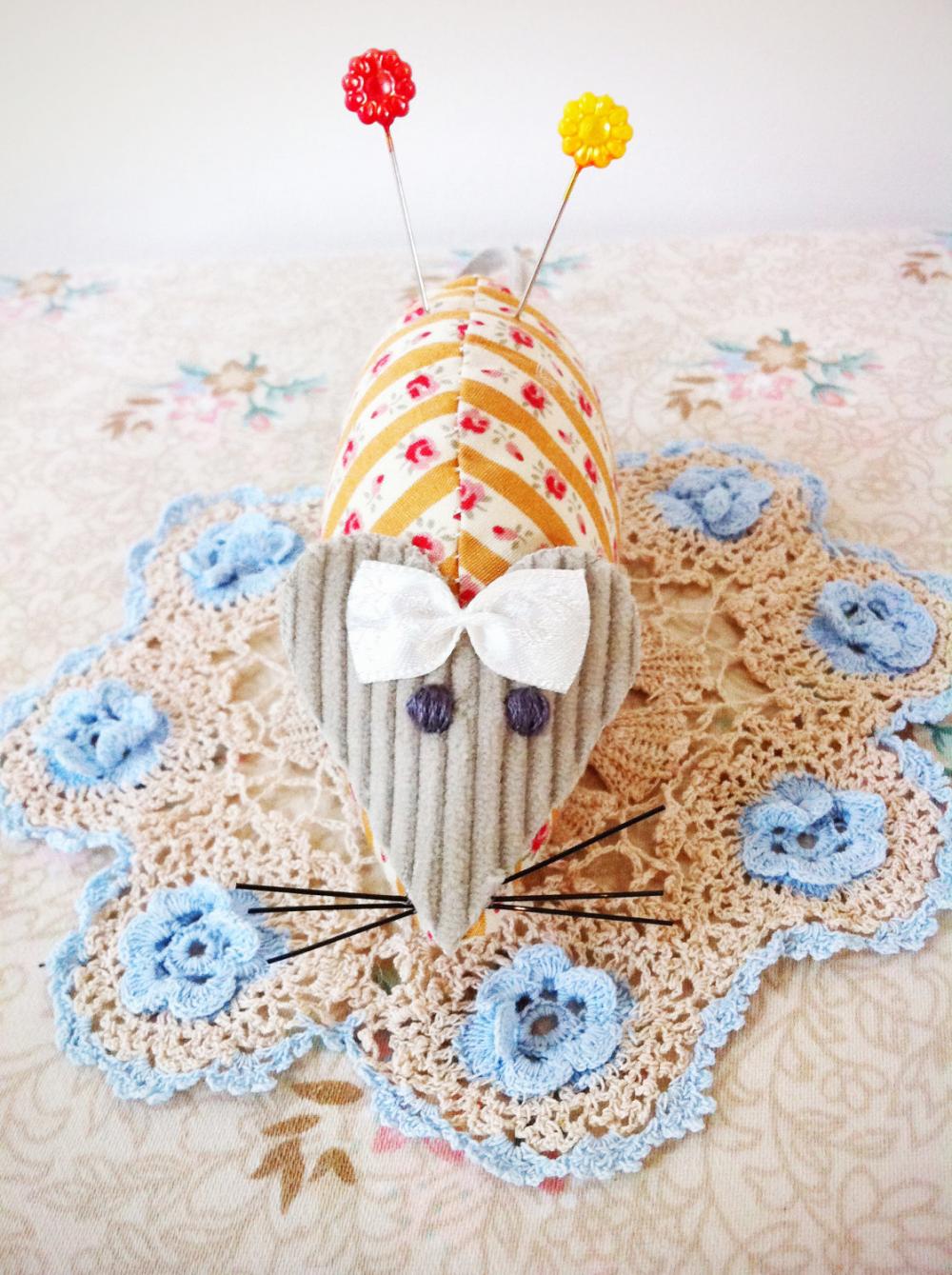 Vintage Style Mouse Pin Cushion With Mustard Fabric And Floral Pins